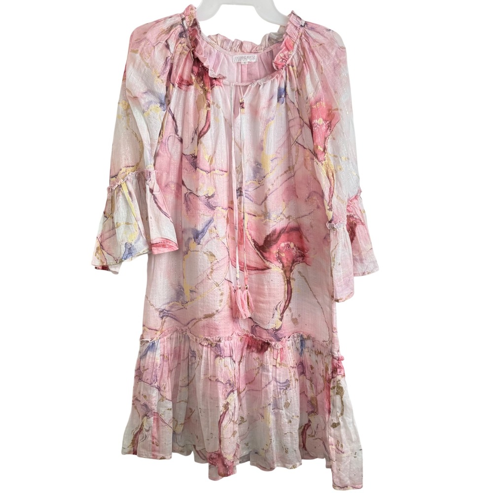 Debbie Katz Marble Print Dress S Pink Boho Metallic Lurex Bell Sleeve Tiered